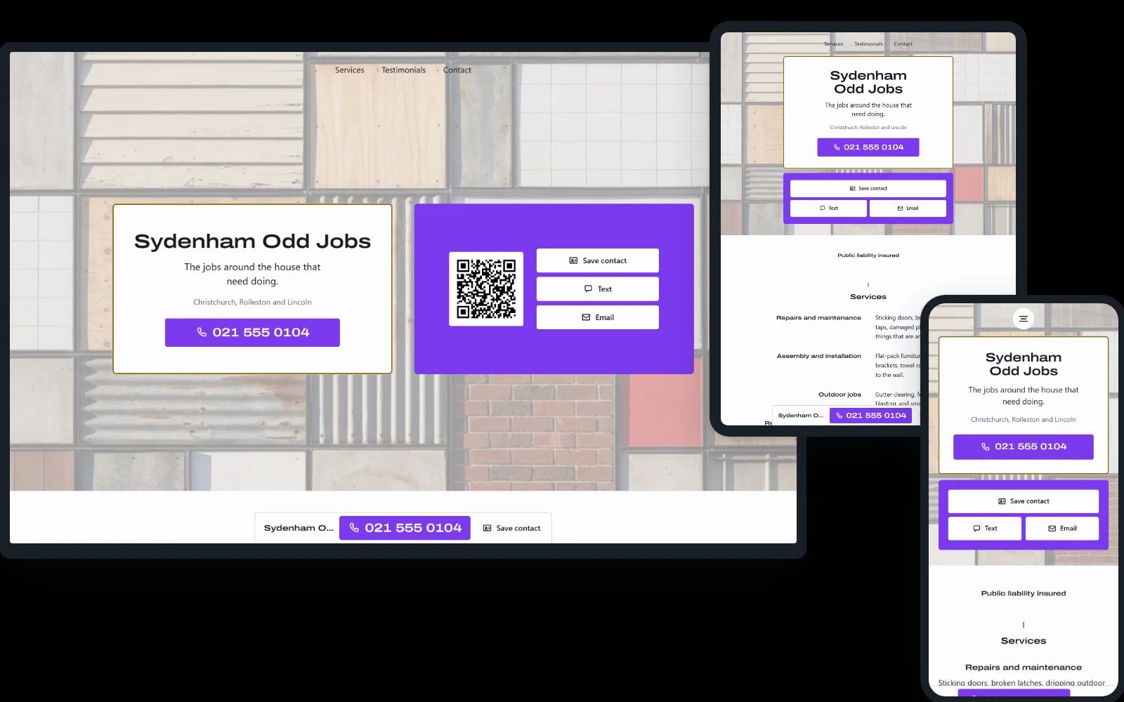 Calling Card on a desktop, a tablet and a phone: a handyman in Christchurch