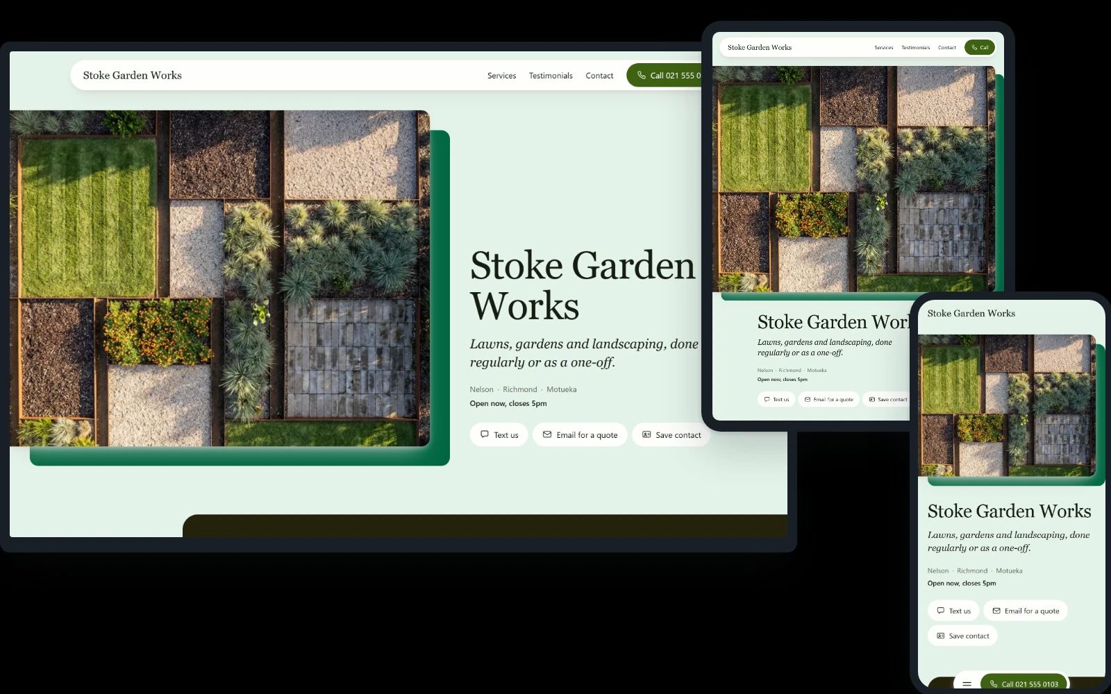 Editorial on a desktop, a tablet and a phone: a landscaper in Nelson